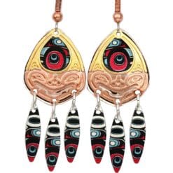 Gold and copper cut out Native Haida bear earrings with colorful artwork dangle backdrop