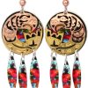 NW Native Haida salmon totem earrings are cut out in gold and copper with colorful artwork dangle backdrop
