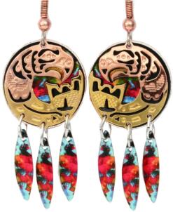 NW Native Haida salmon totem earrings are cut out in gold and copper with colorful artwork dangle backdrop
