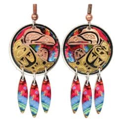 Cut out gold and copper Native Haida raven earrings with colorful copper dangle backdrop