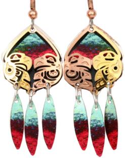 Northwest Haida eagle and raven love birds earrings made buy cut out copper with colorful background