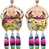 Raven and sun totem cut out copper earrings with gold highlights and colorful background