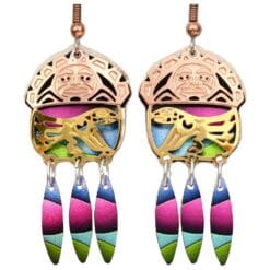 Buy NW Native Haida Raven and sun totem earrings are cut out in gold and copper with colorful artwork dangle backdrop