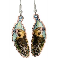 Copper feather earrings handmade in enchanting red tailed hawk artwork by Lynn Bean