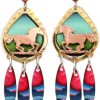 Gold and copper cut out running horse earrings with dangle colorful backdrop