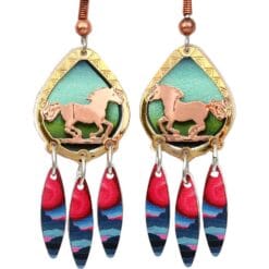 Purchase delicate running horse earrings cut out gold and copper with colorful dangle backdrop