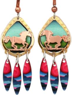 Gold and copper cut out running horse earrings with dangle colorful backdrop