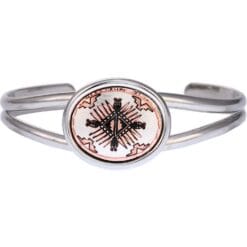 Oval bezel silver color wire bracelets embellished with handmade Southwest Native copper artwork