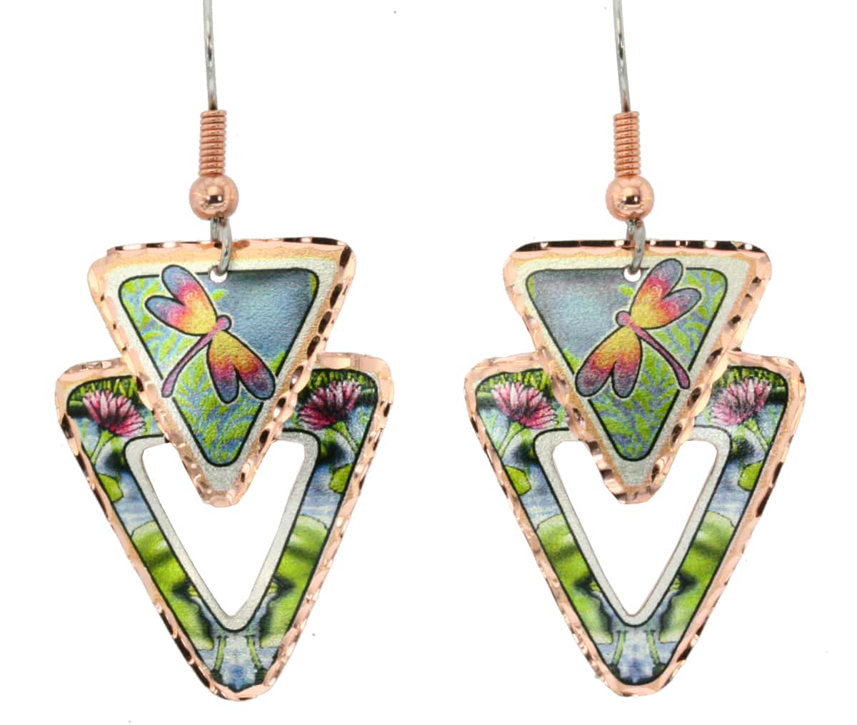 Water lilies and dragonfly earrings handmade from copper in pretty pastel colors Water lilies and dragonfly earrings handmade from copper in pretty pastel colors