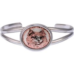 Oval bezel silver color wire bracelets embellished with handmade cat copper artwork