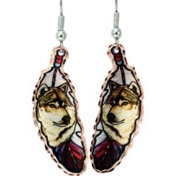 Feather earrings handmade from copper in gray wolf artwork by Lynn Bean