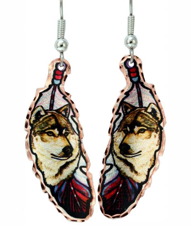 Buy charming copper wolf feather earrings