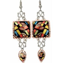 Copper colorful abstract earrings with dangle wires