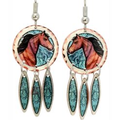 Arabian Horse Earrings with Feather Dangles Made from Copper