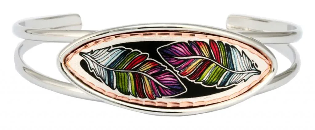 Wear unique wire bracelets decorated with handmade from copper with watercolor feather artwork