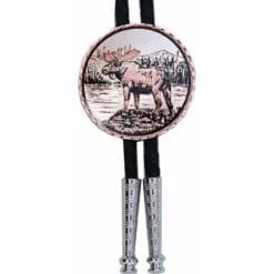 Artisanal bull moose in pine forest round pure copper and silver-plated Western bolo tie