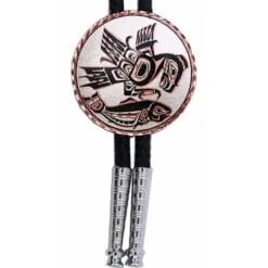 Artisanal Northwest Native Haida eagle and salmon round pure copper and silver bolo tie