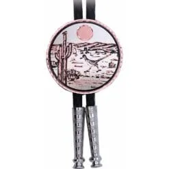 Handmade Southwestern desert roadrunner and cactus round pure copper and silver bolo tie