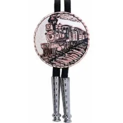 Artisan vintage steam train locomotive round pure copper and silver-plated bolo tie