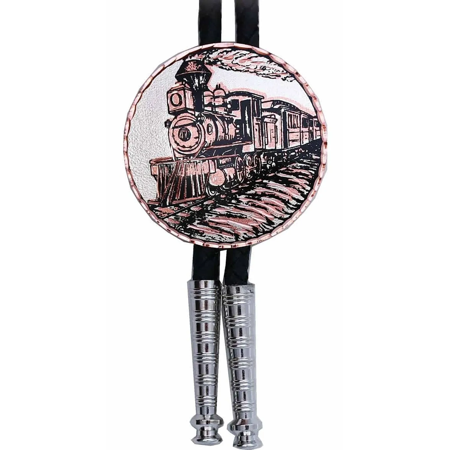 Artisan vintage steam train locomotive round pure copper and silver-plated bolo tie