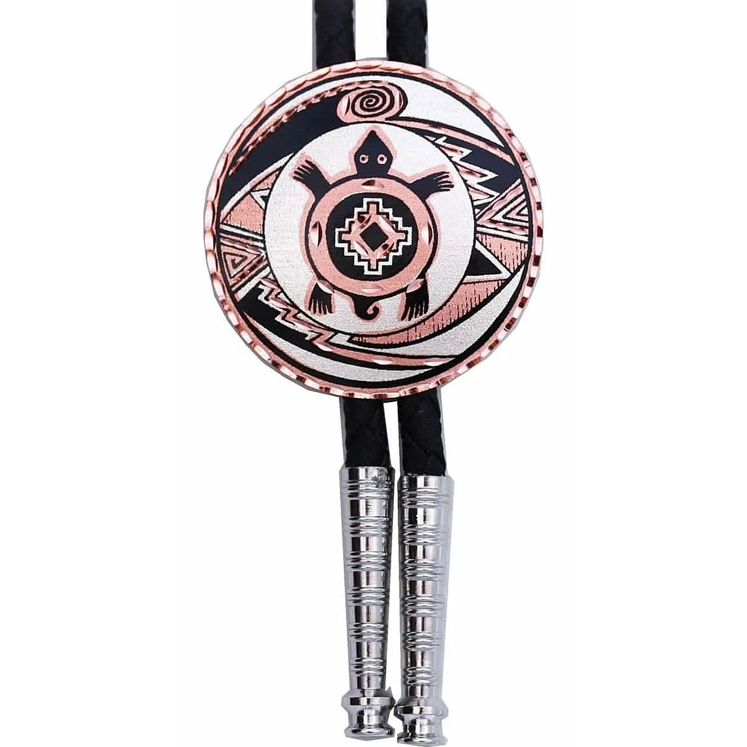 Unique Southwestern Native geometric sea turtle round pure copper and silver bolo tie