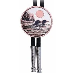 Handcrafted Canadian loon lake scene round pure copper and silver-plated bolo tie