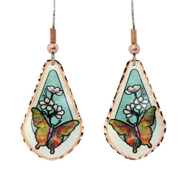Vivid colored butterfly earrings with silvery blue background