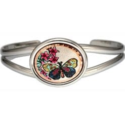 Magnificent handmade copper flowers and butterfly artwork decorated silver color wire bracelets with oval bezels