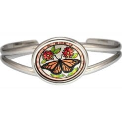 Buy silver-plated wire bracelets with oval bezels, embellished with copper monarch butterfly artwork