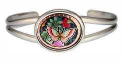 Silver color wire bracelets with oval bezel embellished with handmade copper butterfly artwork