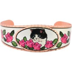 Handmade unique jewelry colorful bracelets handcrafted from copper featuring vibrant roses and black and white cat artwork.