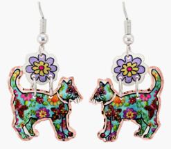 Cut out colorful cat earrings with dangle flower so cute they will make you smile