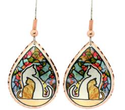 Teardrop cat earrings handmade in cat silhouettes with colorful stained glass background design