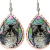 Teardrop Cat Earrings with Colorful Flowers Art Background