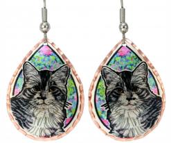 Teardrop Cat Earrings with Colorful Flowers Art Background