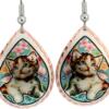 Buy cute kitten earrings with colorful flower background handmade in teardrop copper