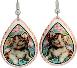 Buy cute kitten earrings with colorful flower background handmade in teardrop copper