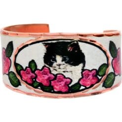 Buy roses and kitten rings handcrafted from copper in colorful artwork
