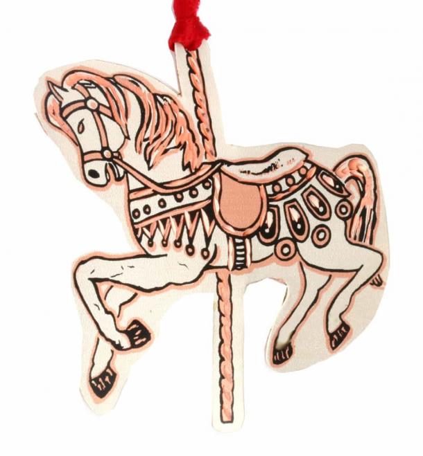 Cut out carousel horse ornaments handmade from copper