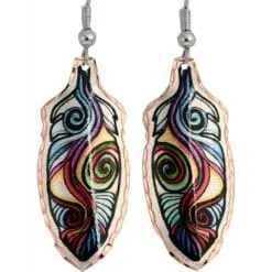 Buy Copper Feather Earrings Created in Swirly Colorful Artwork