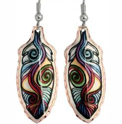 Colorful Art Jewelry, Copper Feather Earrings