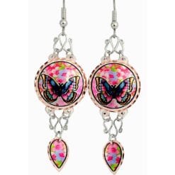 Buy butterfly earrings made from copper in colorful artwork decorated with silver color wires
