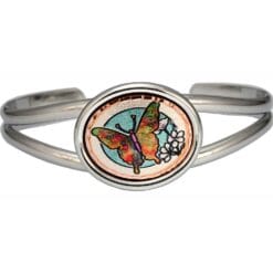 Wire bracelet in silver color embellished with butterfly artwork handmade from copper