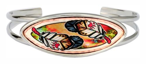 Buy silver plated wire bracelets decorated with colorful copper feather artwork