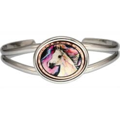 Silver plated wire bracelets with oval bezel embellished with copper horse artwork