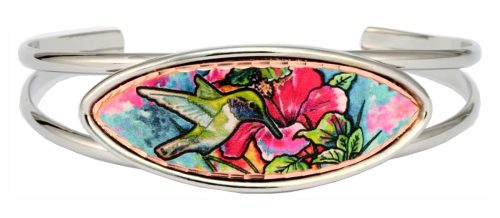 Wire bracelet in silver color embellished with watercolor hummingbird artwork handmade from copper
