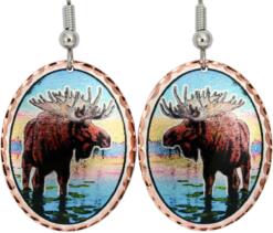 Buy moose earrings handmade from copper in colorful design
