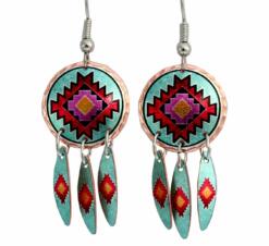 Dangle Southwest Native earrings created in turquoise and Indian red colors