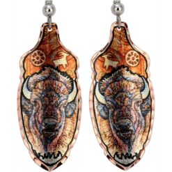 Copper Feather Buffalo Earrings with Cave Painting