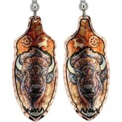 Copper Feather Buffalo Earrings with Cave Painting